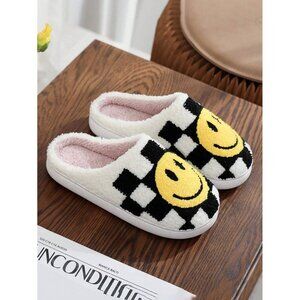 checkered happy face smile smiley fluffy slippers gift